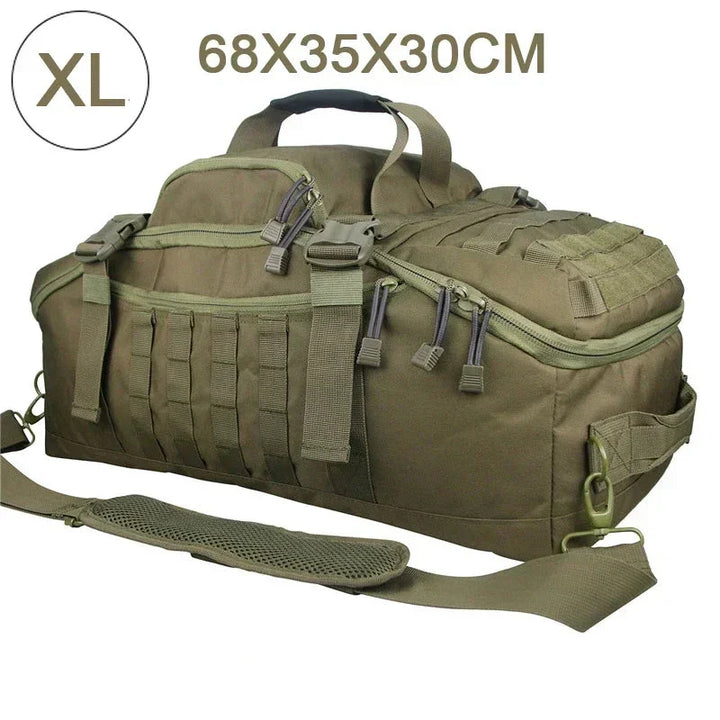 XL olivgrüne taktische Reisetasche, 68x35x30cm, mit mehreren Reißverschlusstaschen und Griffen.