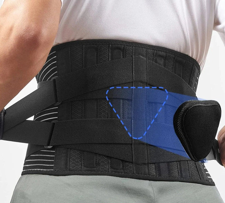Schwarzer Rückenstützgürtel mit Klettverschluss, ergonomisch, für Lendenwirbelsäule, Unisex.