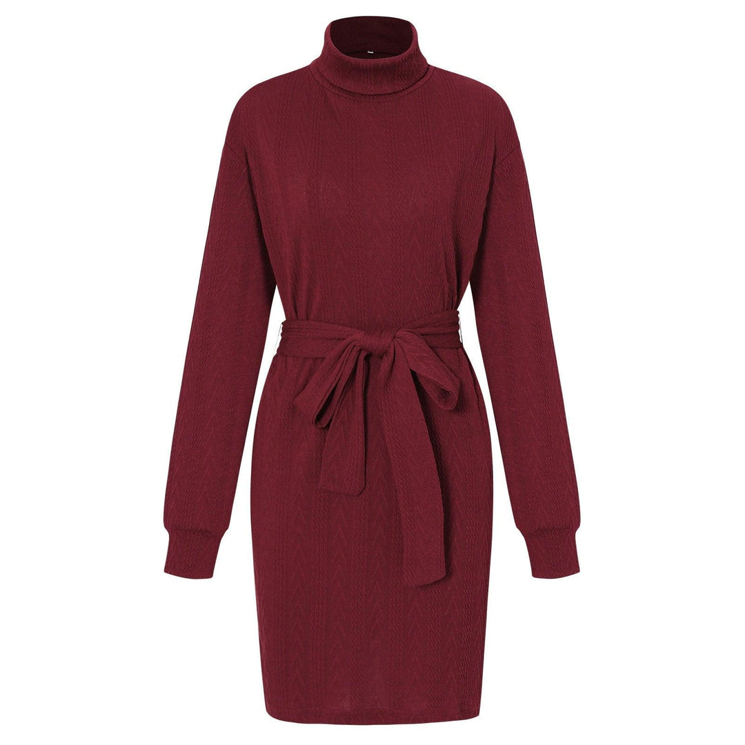 Bordeauxrotes Strickkleid mit Rollkragen und Gürtel, langärmelig, elegant, Damenmode.