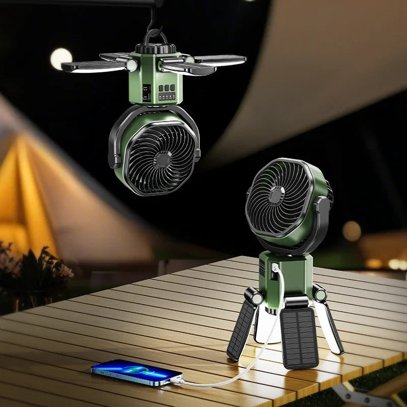 Solární ventilátor pro kempování s baterií 6000 mAh, LED světlem a 4stupňovým nastavením rychlosti – SunBreeze