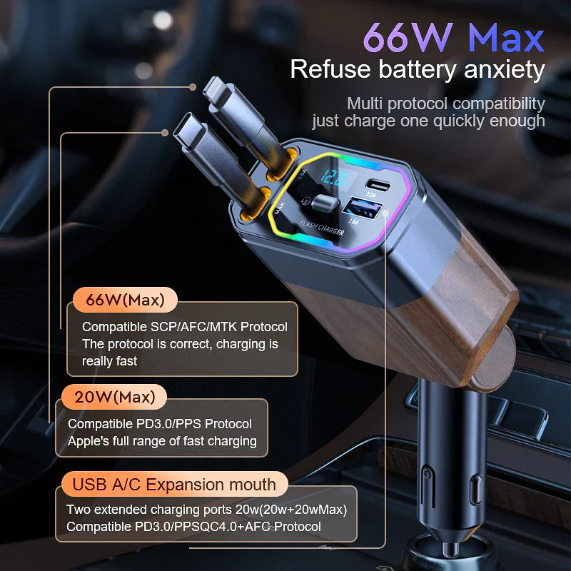 120W 4 v 1 rozšiřitelná autonabíječka s adaptérem USB‑C a adaptérem do zapalovače – Vega