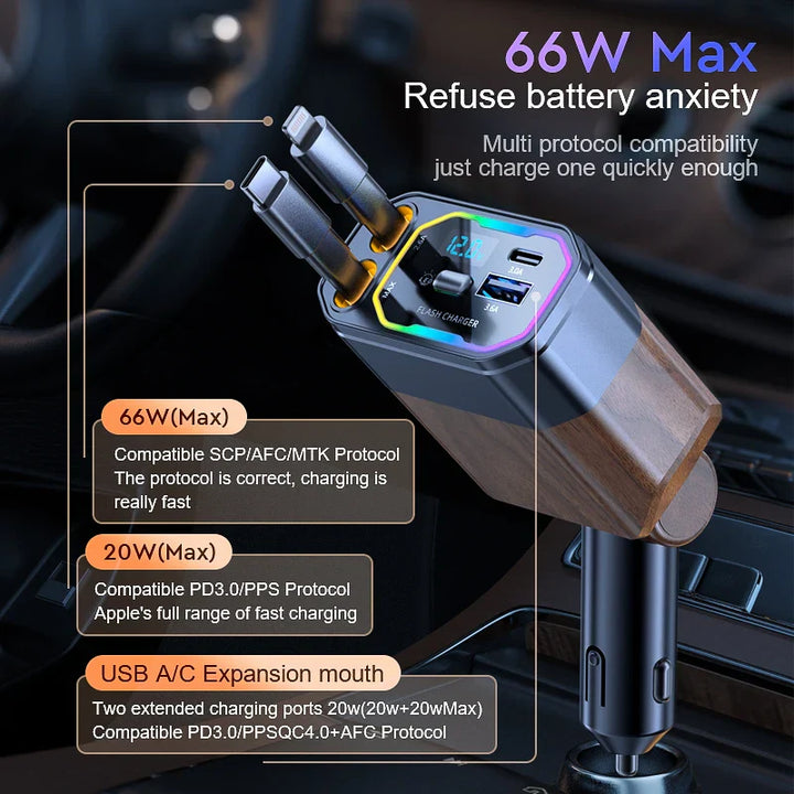 120W 4 v 1 rozšiřitelná autonabíječka s adaptérem USB‑C a adaptérem do zapalovače – Vega