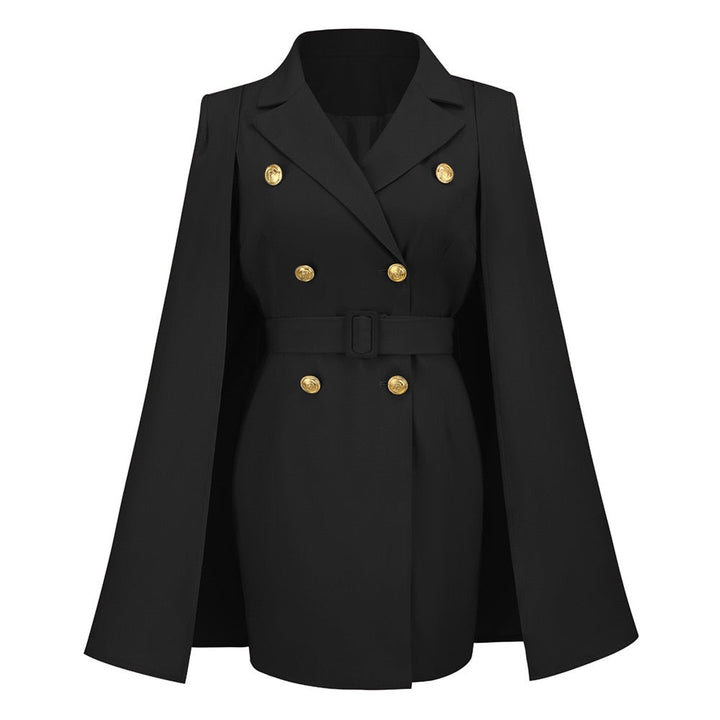 Schwarzer Damen-Cape-Blazer mit goldenen Knöpfen, elegantes Design, modische Oberbekleidung.