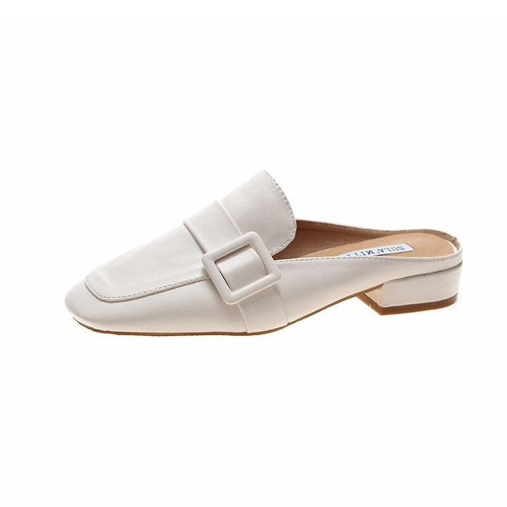 Weiße Damen-Lederslipper mit Schnalle, flacher Absatz, elegantes Design, modische Schuhe.