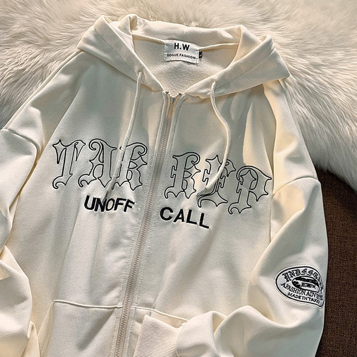 Weiße Kapuzenjacke mit Reißverschluss, Aufschrift "UNOFF CALL", modisch, Baumwolle.