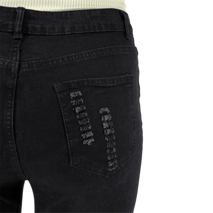 Schwarze Damenjeans mit Stickerei, Baumwolle, modisch, Rückansicht, Hosentasche.