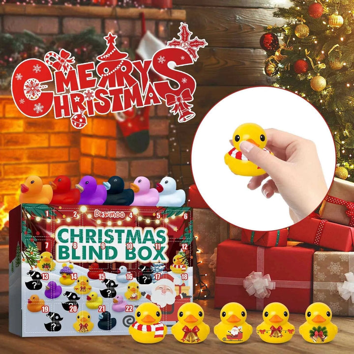 Weihnachtlicher Enten-Adventskalender, bunte Gummienten, Geschenkidee, festliche Dekoration.