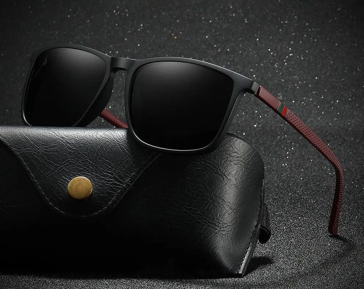 Schwarze Sonnenbrille mit braunen Bügeln auf schwarzem Etui, modisch, UV-Schutz.