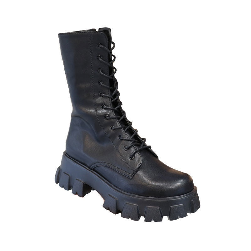 Schwarzer Lederstiefel mit dicker Sohle, Schnürung, modisch, robust, Damenstiefel.