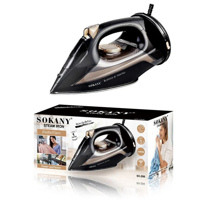 Schwarzes Sokany Dampfbügeleisen SK-208 mit Verpackung, leistungsstark, modern, effizient.