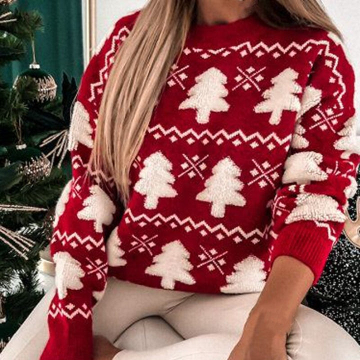 Roter Weihnachtspullover mit weißen Tannenbäumen, Damenmode, festlich, gemütlich.