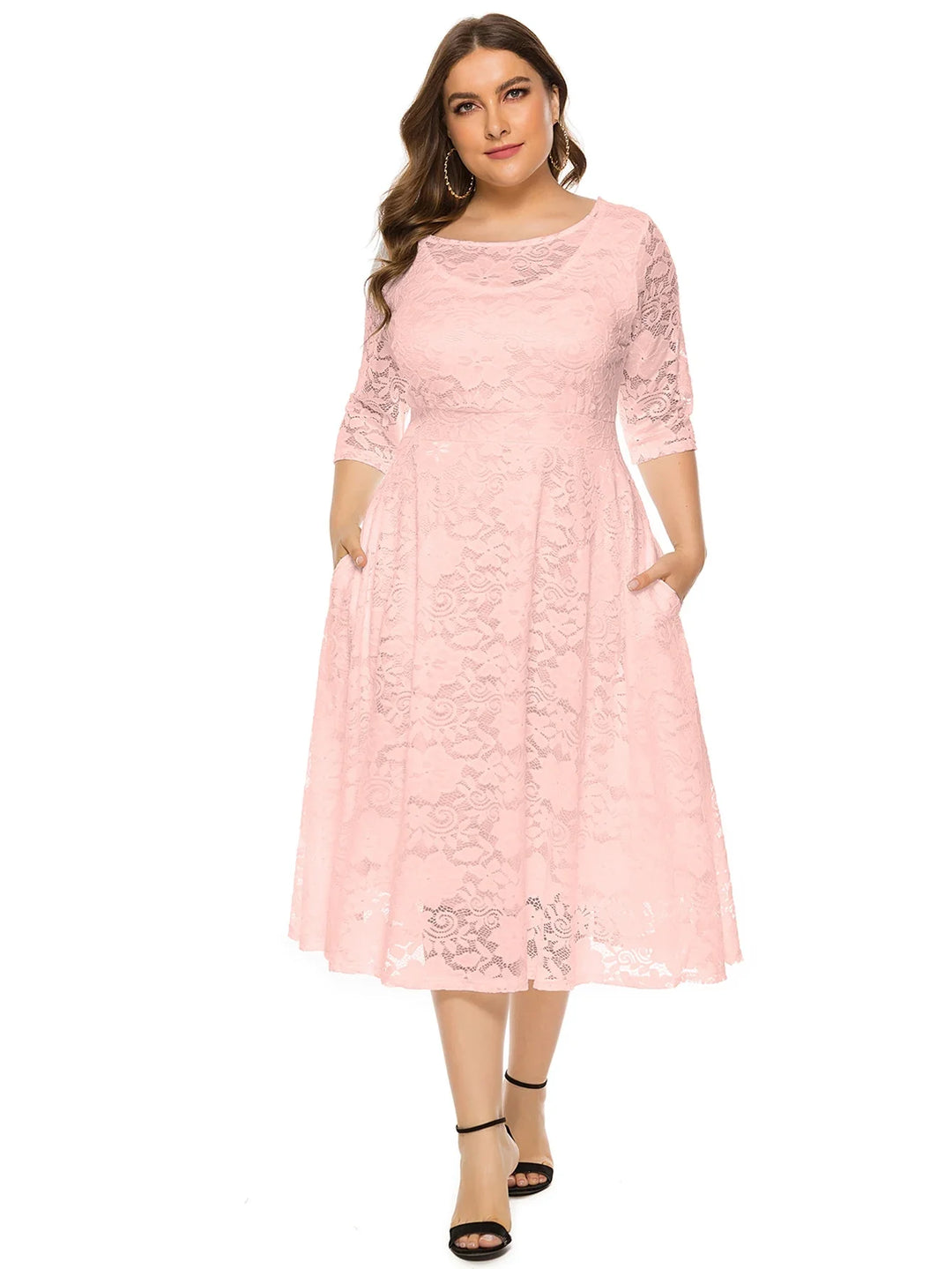 Damen Spitzenkleid rosa, knielang, 3/4-Ärmel, elegant, Plus Size Mode, Abendkleid.