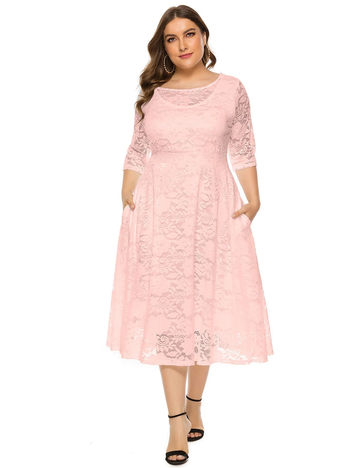 Damen Spitzenkleid rosa, knielang, 3/4-Ärmel, elegant, Plus Size Mode, Abendkleid.