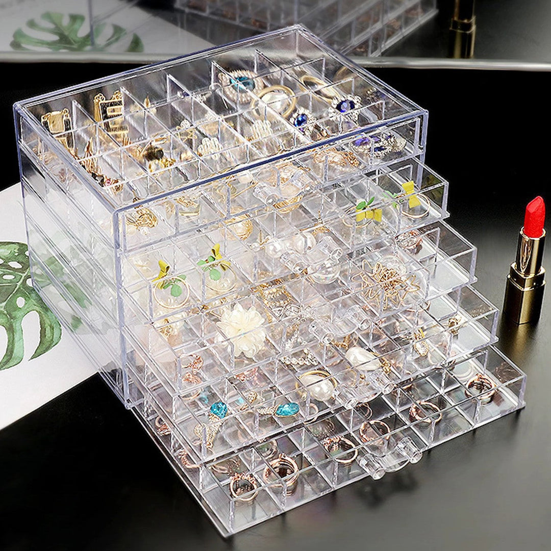 Klarer Schmuck-Organizer aus Acryl mit mehreren Schubladen, ideal zur Aufbewahrung von Schmuck.