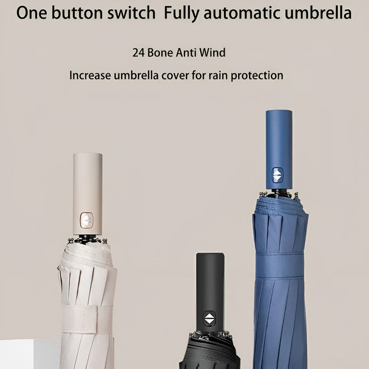 Drei vollautomatische Regenschirme, beige, schwarz, blau, mit Ein-Knopf-Mechanismus.