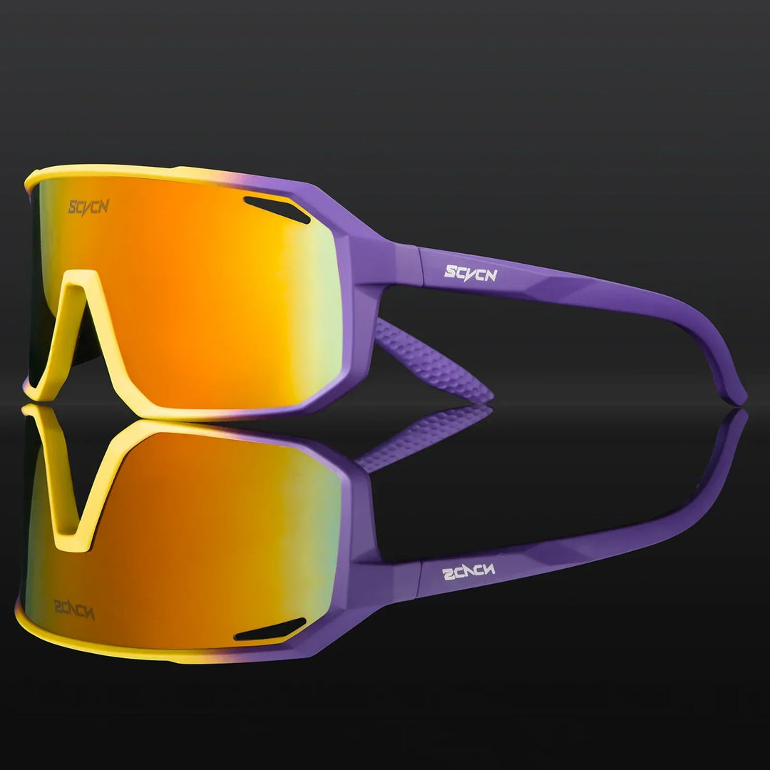 Lila Sonnenbrille mit gelben Gläsern, Sportbrille, UV-Schutz, modisches Accessoire.