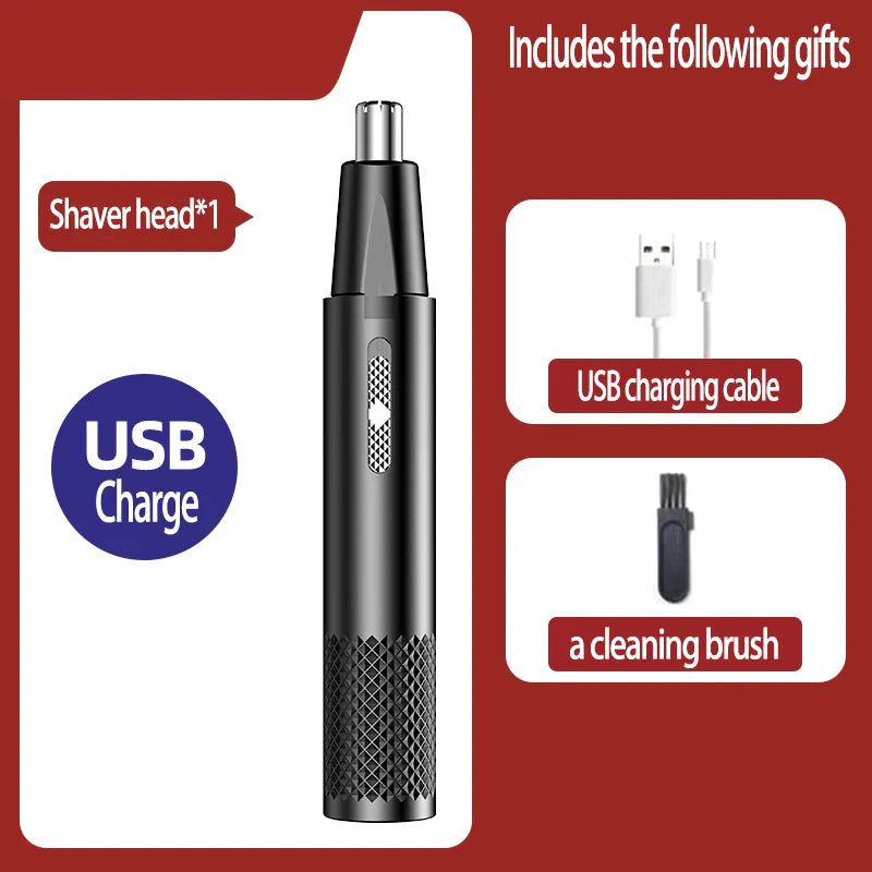 Schwarzer Nasenhaarschneider, USB-aufladbar, mit Zubehör: Scherkopf, Ladekabel, Reinigungsbürste.