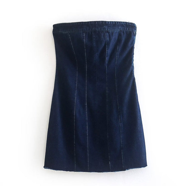 Dunkelblauer Jeans-Corsage, ärmellos, figurbetont, Damenmode, elegantes Design.