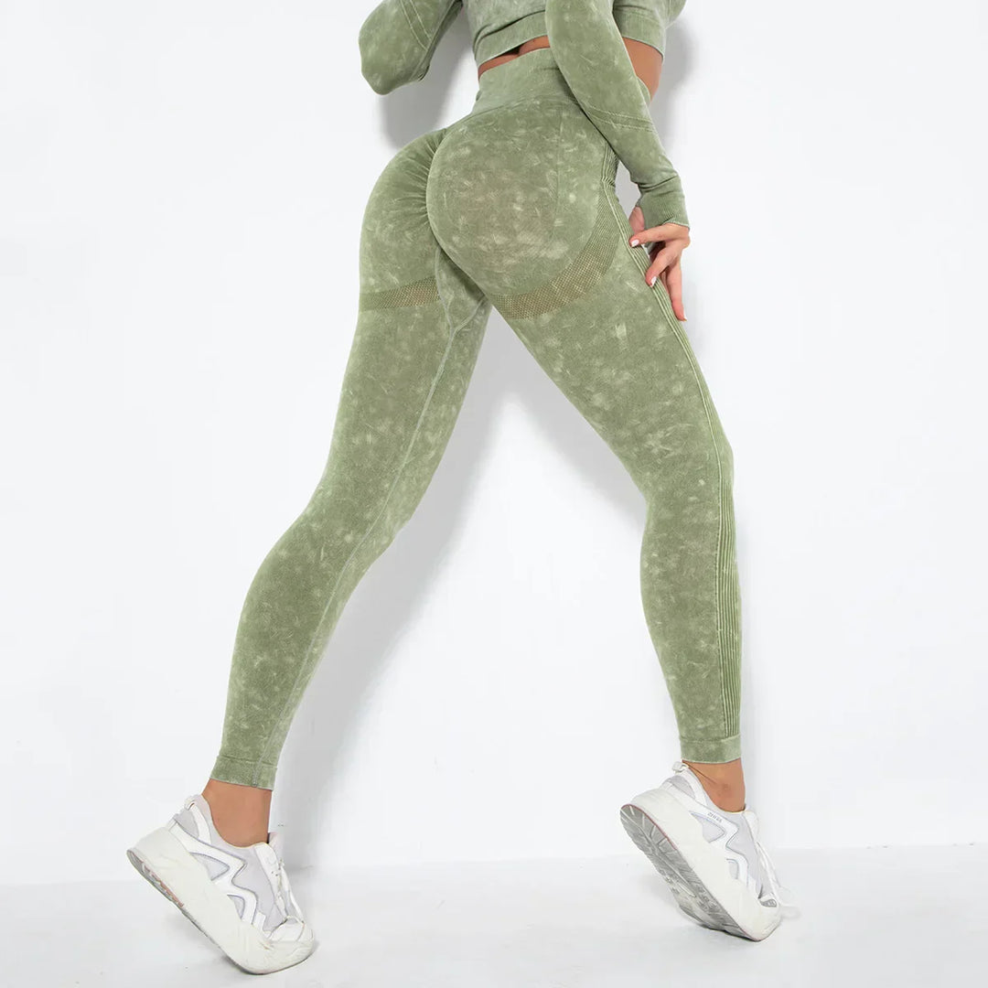 Grüne nahtlose Damen-Sportleggings, hoher Bund, elastisch, für Fitness und Yoga.