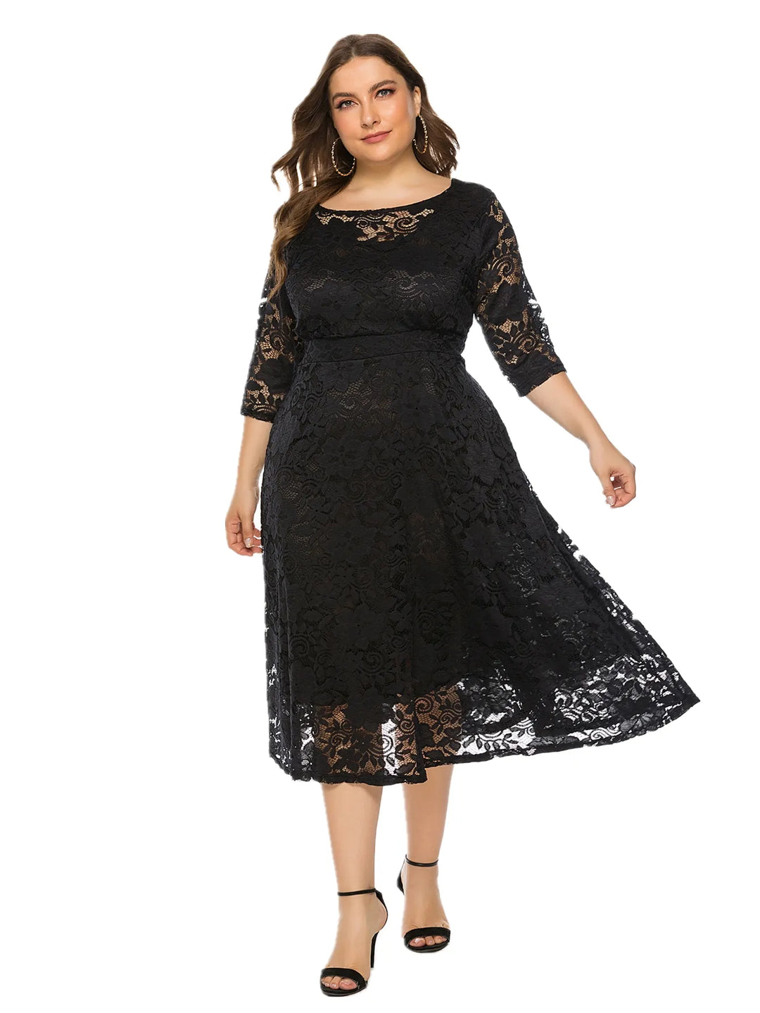 Damen schwarzes Spitzenkleid, knielang, 3/4-Ärmel, elegant, Abendmode.