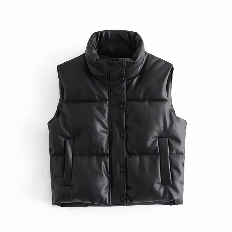 Schwarze gesteppte Weste, ärmellos, mit Knöpfen, modisch, warm, für Herbst und Winter.