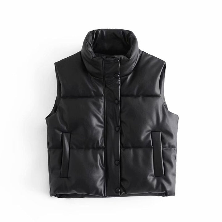 Schwarze gesteppte Weste, ärmellos, mit Knöpfen, modisch, warm, für Herbst und Winter.