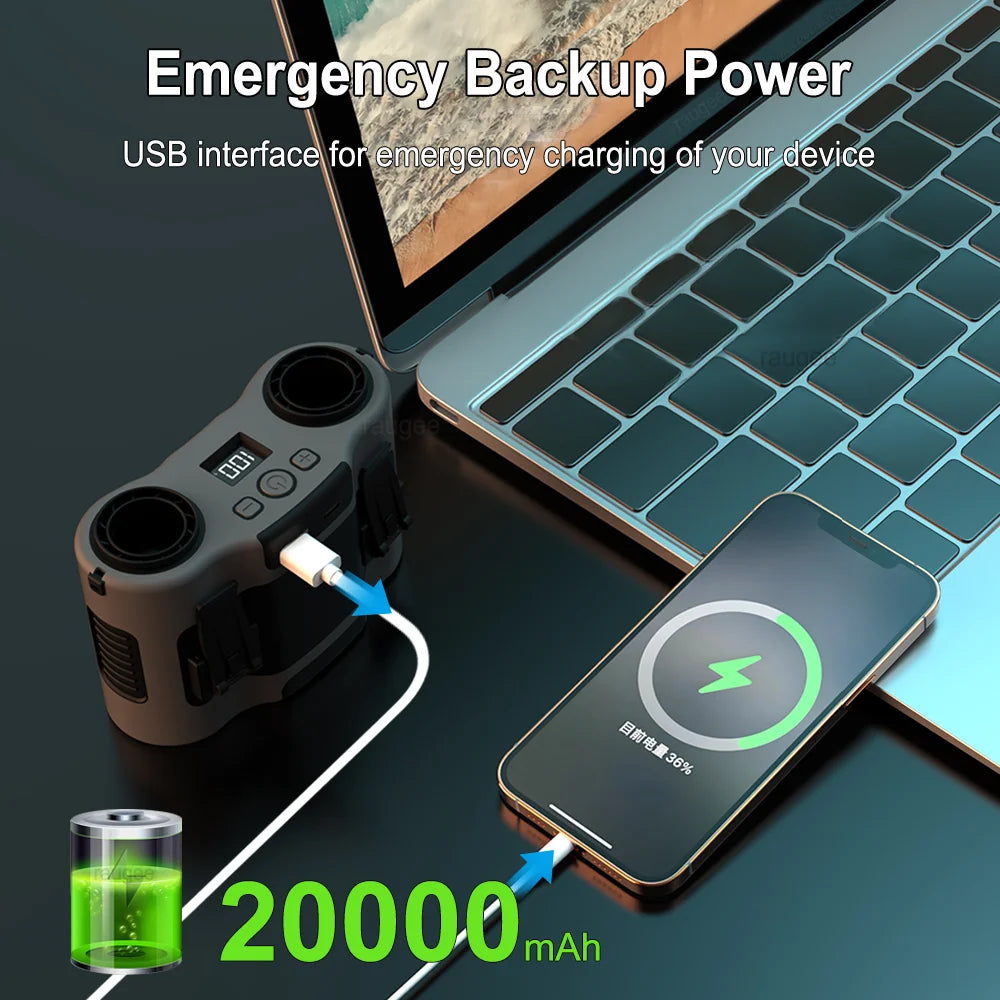 Přenosný větrák na opasek se dvěma vývody vzduchu a baterií 20 000 mAh – BreezeMate