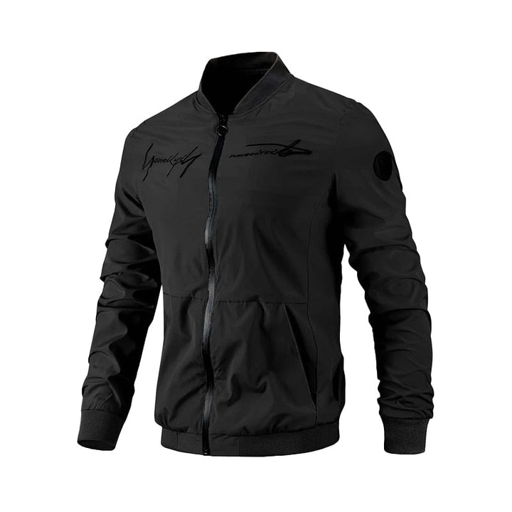 Schwarze Herren-Bomberjacke, Reißverschluss, sportlich, leicht, winddicht, modisch.
