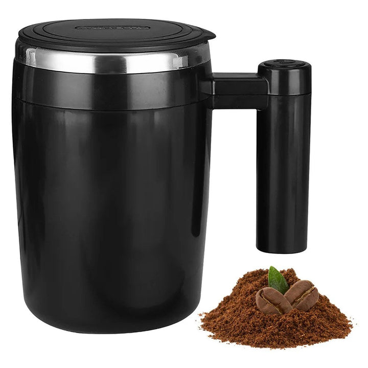 Schwarzer selbstumrührender Kaffeebecher aus Edelstahl, automatisch, wiederaufladbar.