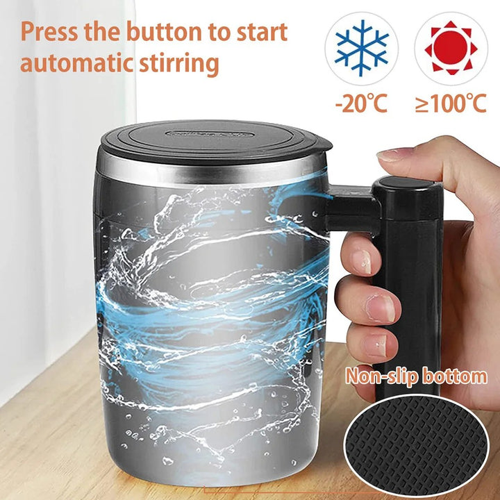 Selbstumrührender Kaffeebecher, Edelstahl, schwarz, automatisch, wiederaufladbar, rutschfester Boden.