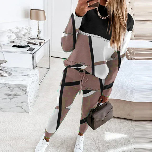Farbblock-Patchwork-Damen-Set, Sweatshirt und Jogginghose, Frühling, O-Neck, modisch.