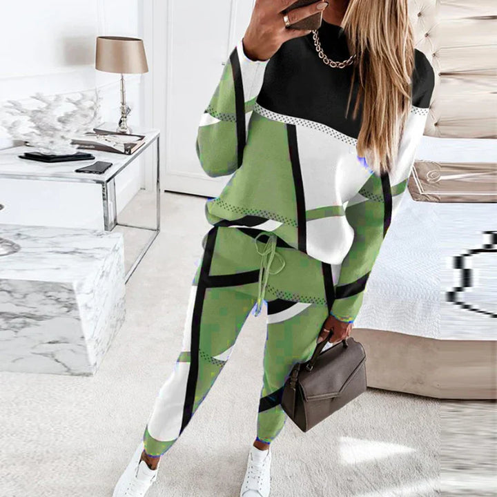 Farbblock-Patchwork-Damen-Set, grün-schwarz-weiß, Sweatshirt und Jogginghose, modisch.