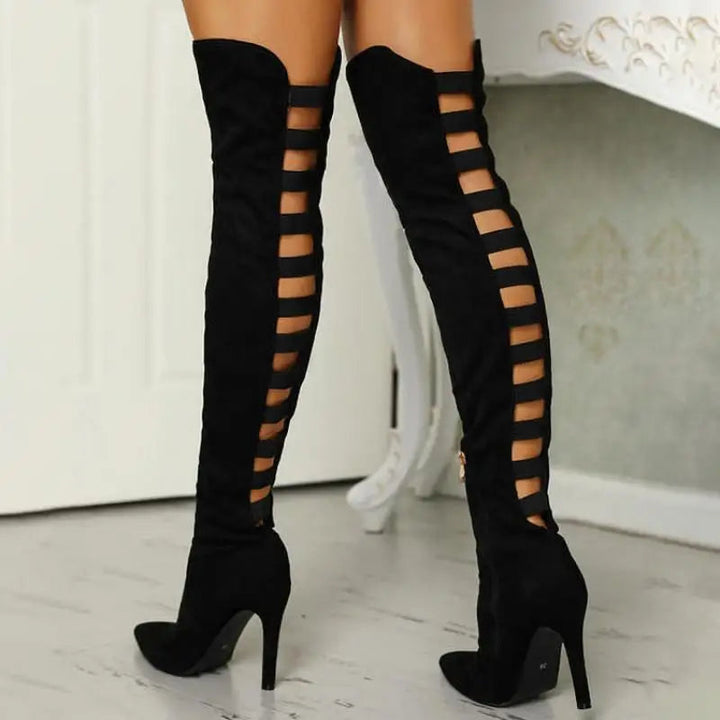 Schwarze Overknee-Stiefel, Damen, High Heels, modisch, hohl, spitz, einfarbig.