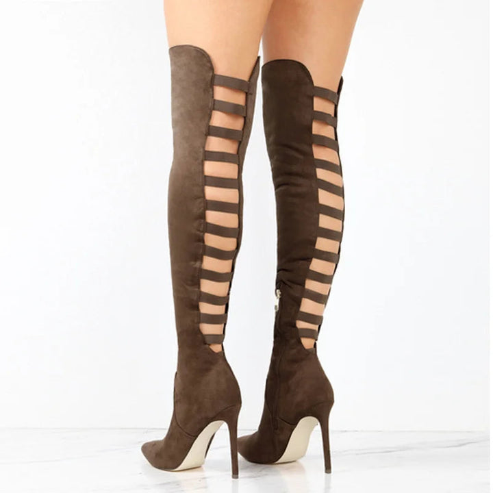 Braune Overknee-Stiefel Damen, spitze Zehen, hohle Absätze, modisch, sexy, Wildleder-Optik.