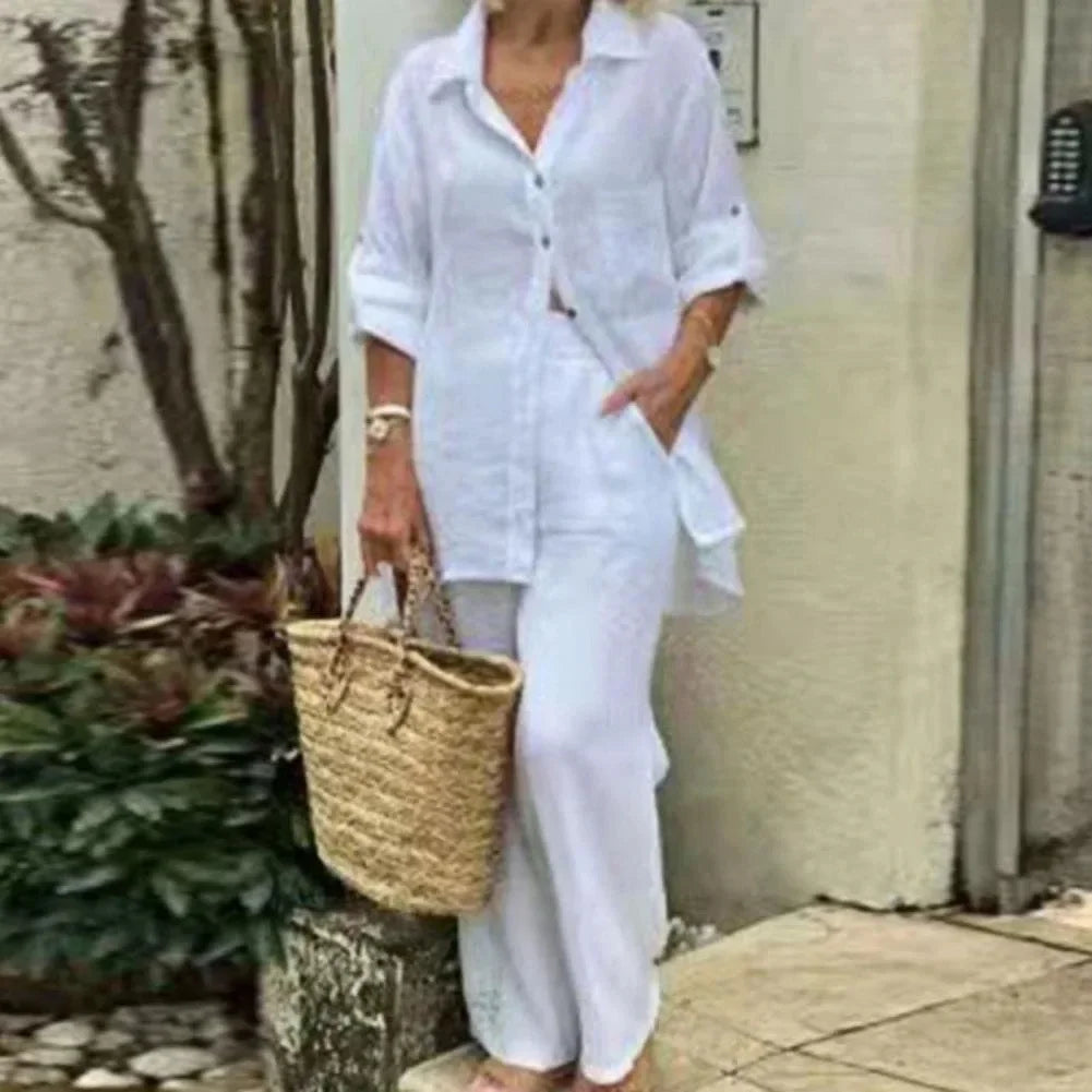 Vzdušná a stylová oversized kombinace topu s halenou a kalhotami pro ženy – Amaris