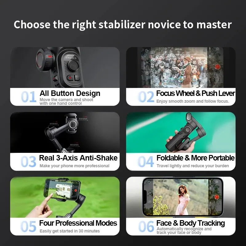Tříosý gimbal stabilizátor pro chytrý telefon se sledováním pomocí AI a rozpoznáváním obličeje – Alvion