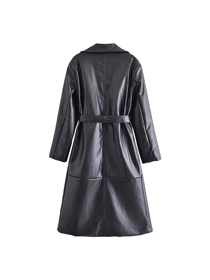 Schwarzer Ledermantel Damen, lang, Gürtel, elegantes Design, Herbstmode, Rückansicht