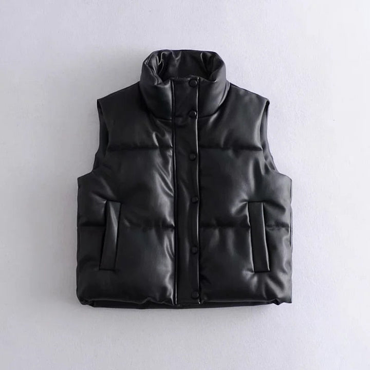 Schwarze gesteppte Weste, ärmellos, mit Knöpfen, modisch, warm, für Herbst und Winter.