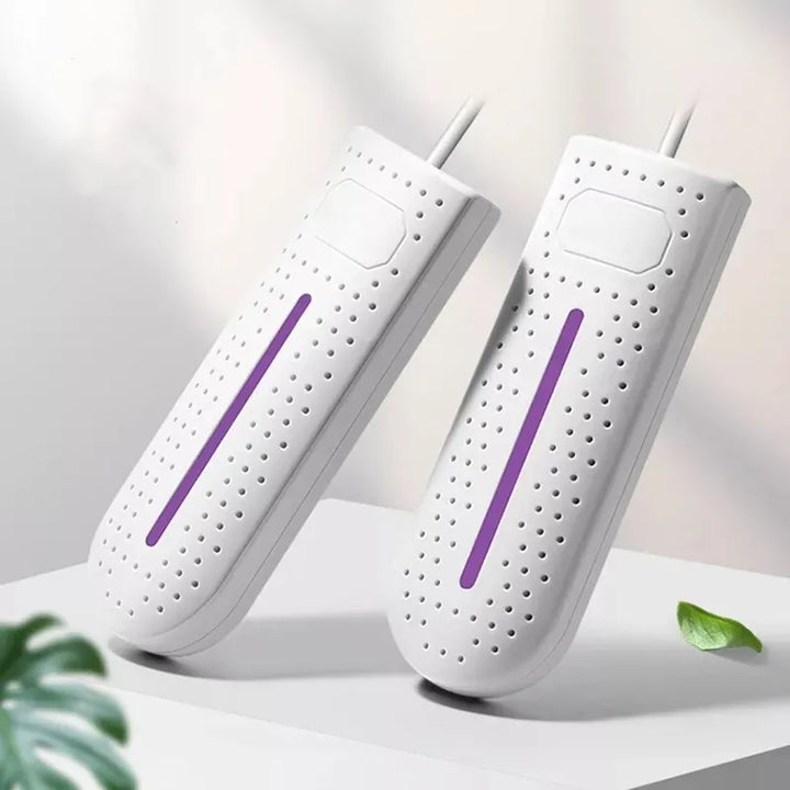Weiße elektrische Schuhwärmer mit violettem Streifen, tragbar, energiesparend, für Winter.