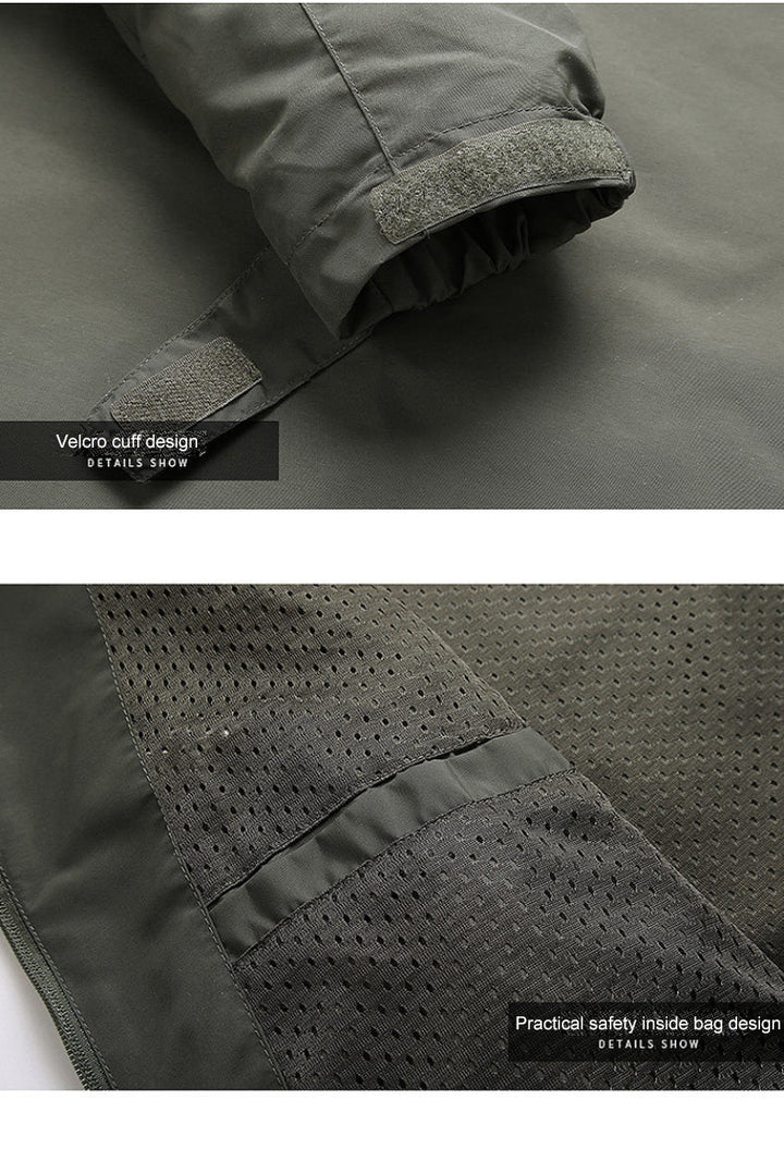 Grüne Outdoor-Jacke mit Klettverschluss und Innentasche, atmungsaktives Material.