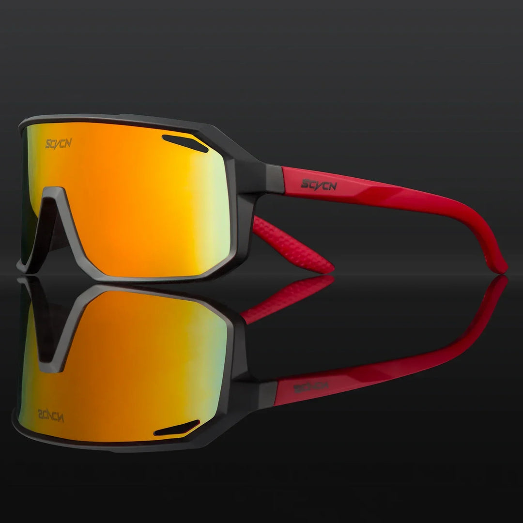 Sportsonnenbrille mit rotem Rahmen und gelben Gläsern, ideal für Radfahren und Outdoor-Aktivitäten.