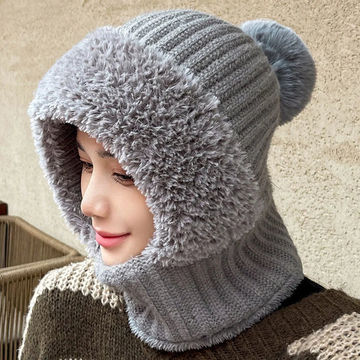 Damen Winter Strickmütze mit Kapuze, grau, warm, flauschig, modisch, Outdoor-Accessoire.