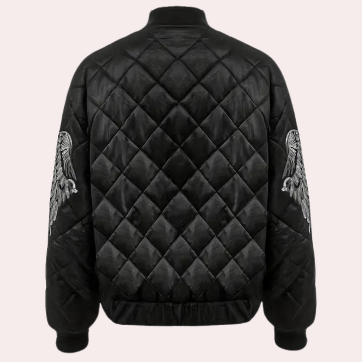 Schwarze gesteppte Bomberjacke mit Adlerstickerei, Herrenmode, Winterjacke, stilvoll und warm.