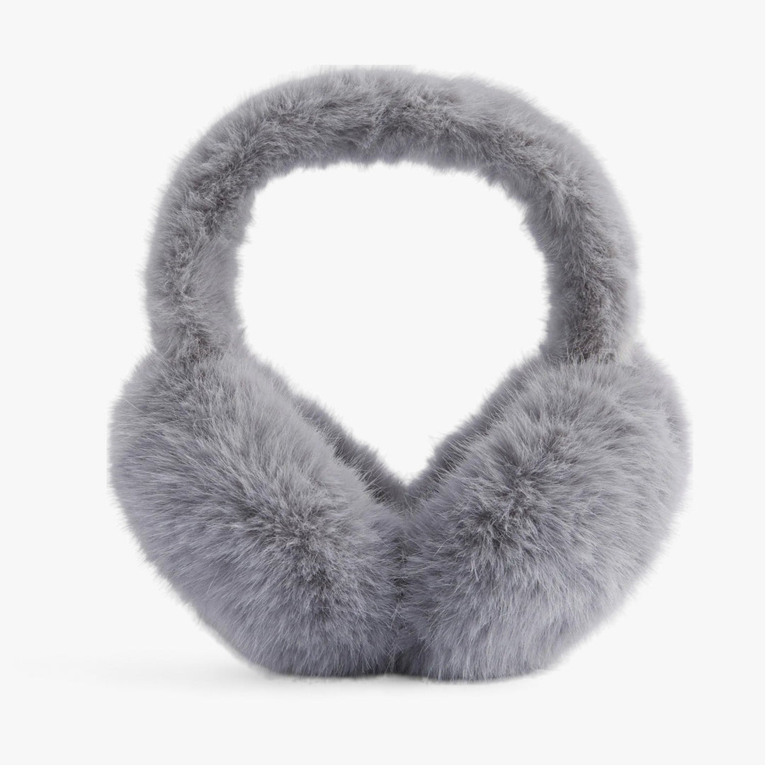 Graue flauschige Ohrenschützer aus Kunstfell, Winteraccessoire, warm und stilvoll.