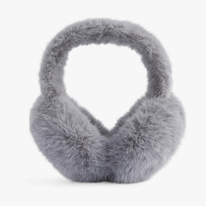 Graue flauschige Ohrenschützer aus Kunstfell, Winteraccessoire, warm und stilvoll.
