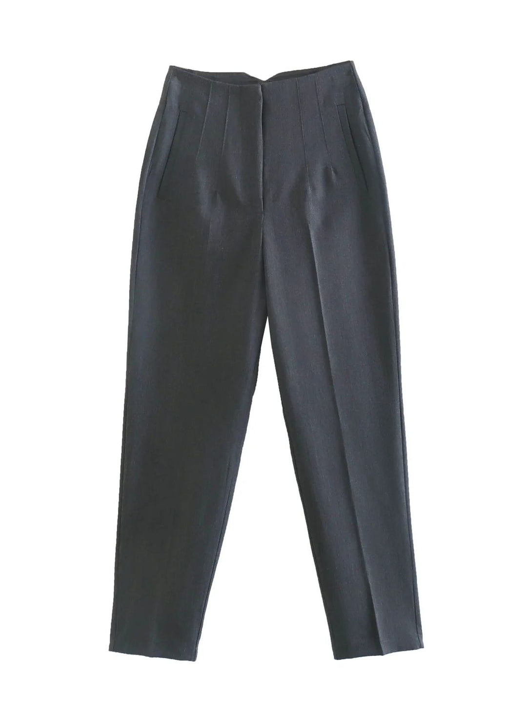 Dunkelgraue Damenhose, elegante Anzughose, Businessmode, hochwertige Stoffhose, klassischer Stil.