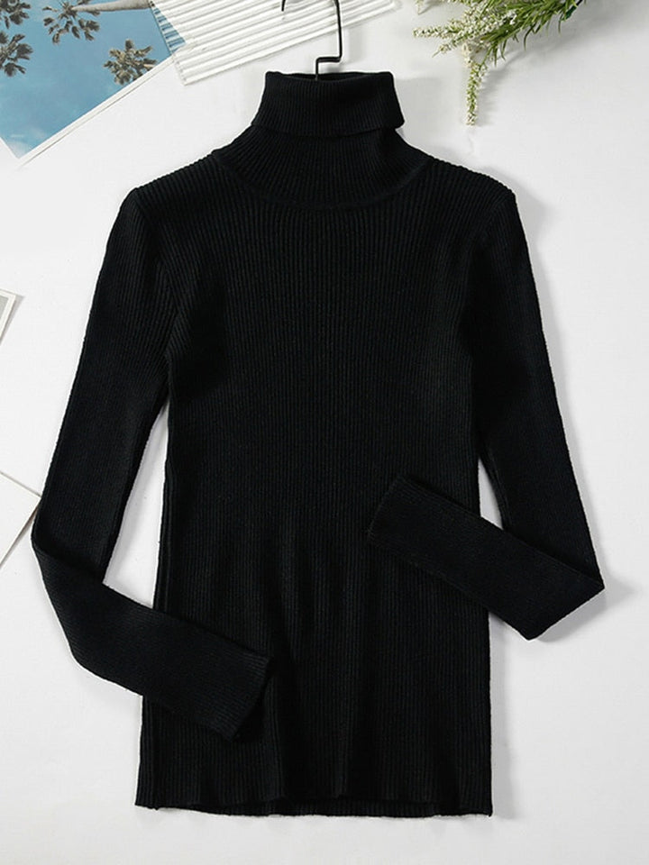 Schwarzer Rollkragenpullover Damen, langärmelig, gerippt, elegant, Wintermode.