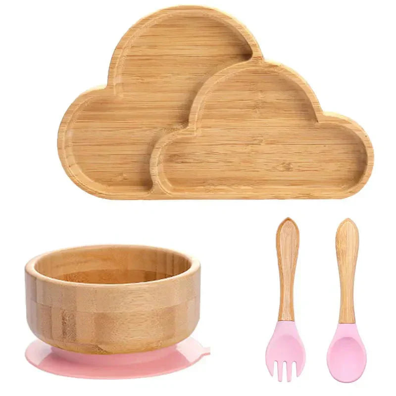 Bambus Kindergeschirr Set Wolke, Schüssel, Löffel, Gabel, rosa, umweltfreundlich, rutschfest