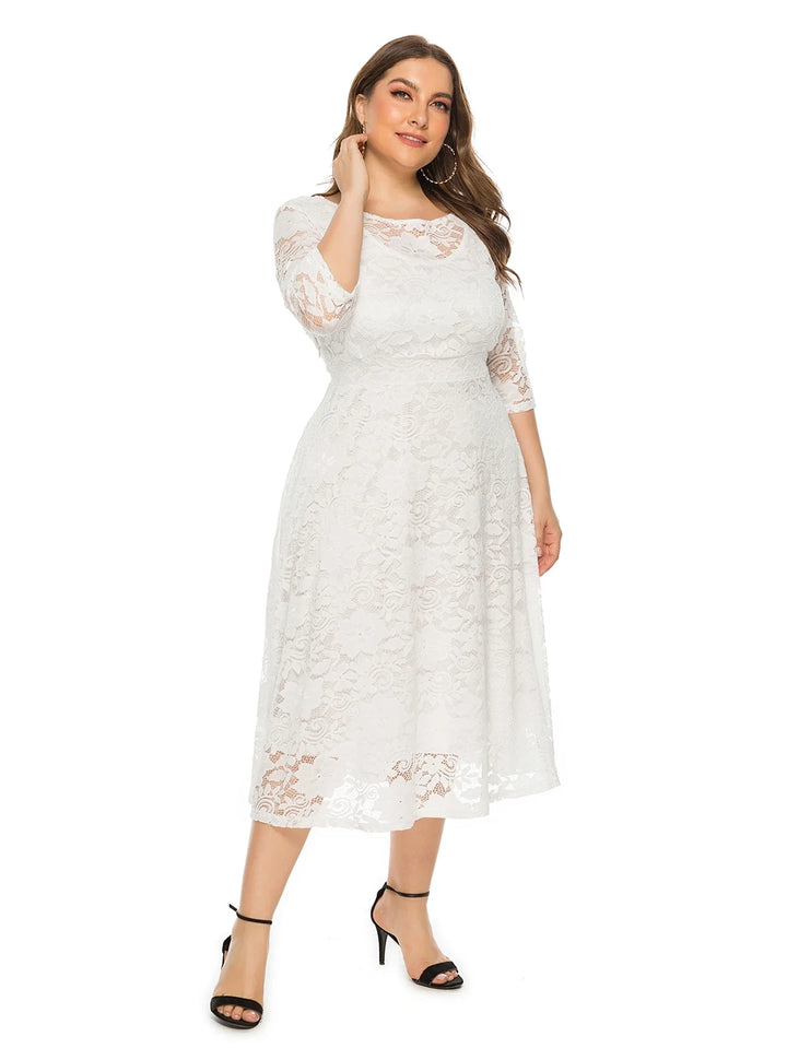 Damen Spitzenkleid Weiß, knielang, 3/4-Ärmel, elegantes Design, Plus Size Mode.