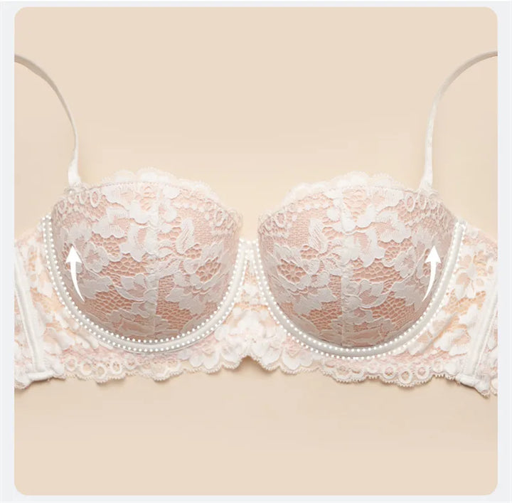 Spitzen-BH in Beige mit Perlendetails, Push-up, Damenunterwäsche, elegant, verstellbare Träger.